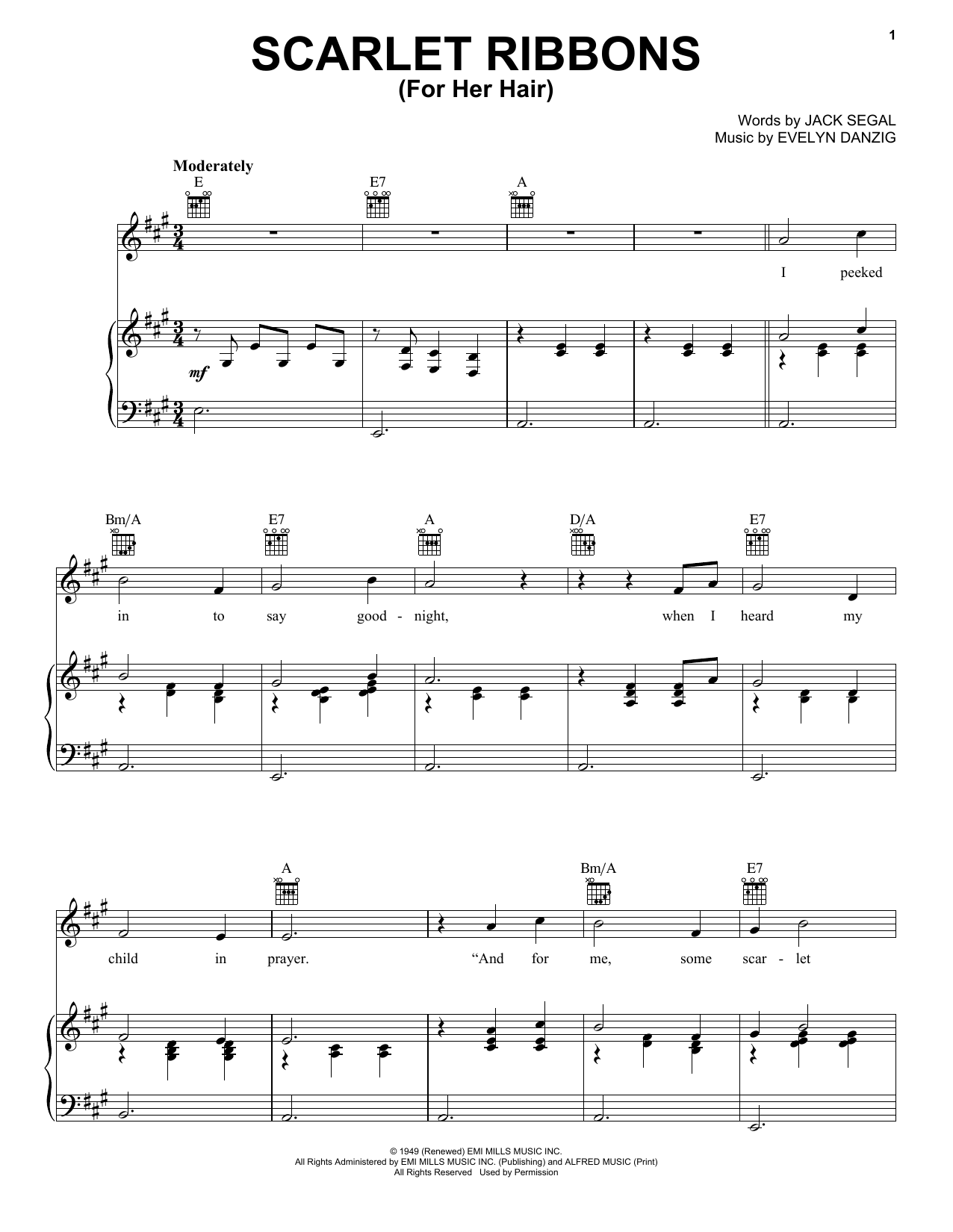 Jack Segal Scarlet Ribbons (For Her Hair) Sheet Music Notes & Chords for Piano, Vocal & Guitar (Right-Hand Melody) - Download or Print PDF