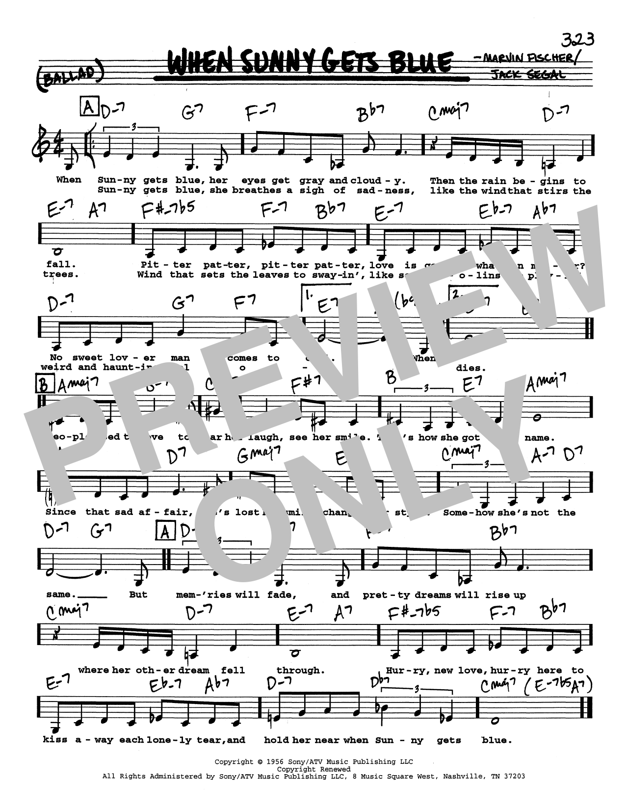 Jack Segal When Sunny Gets Blue (Low Voice) Sheet Music Notes & Chords for Real Book – Melody, Lyrics & Chords - Download or Print PDF