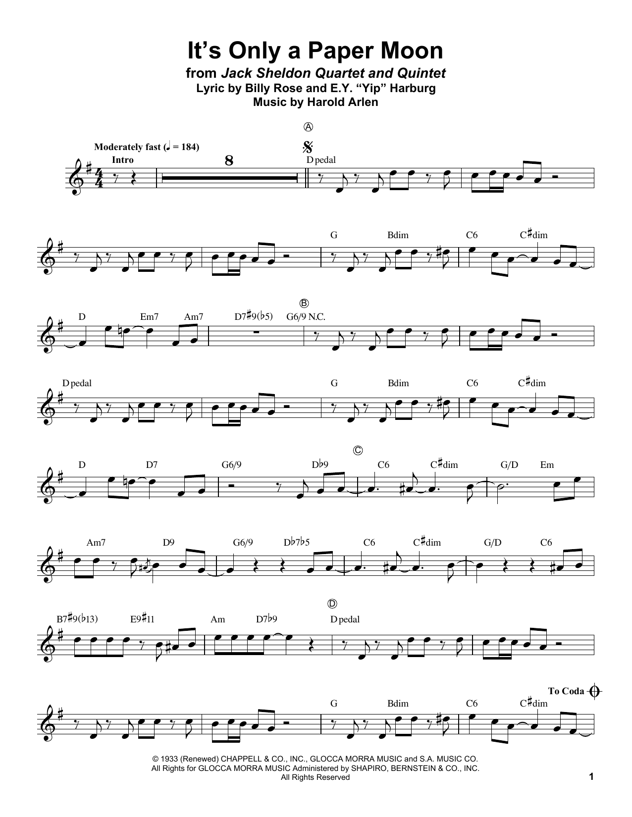 Jack Sheldon It's Only A Paper Moon Sheet Music Notes & Chords for Trumpet Transcription - Download or Print PDF