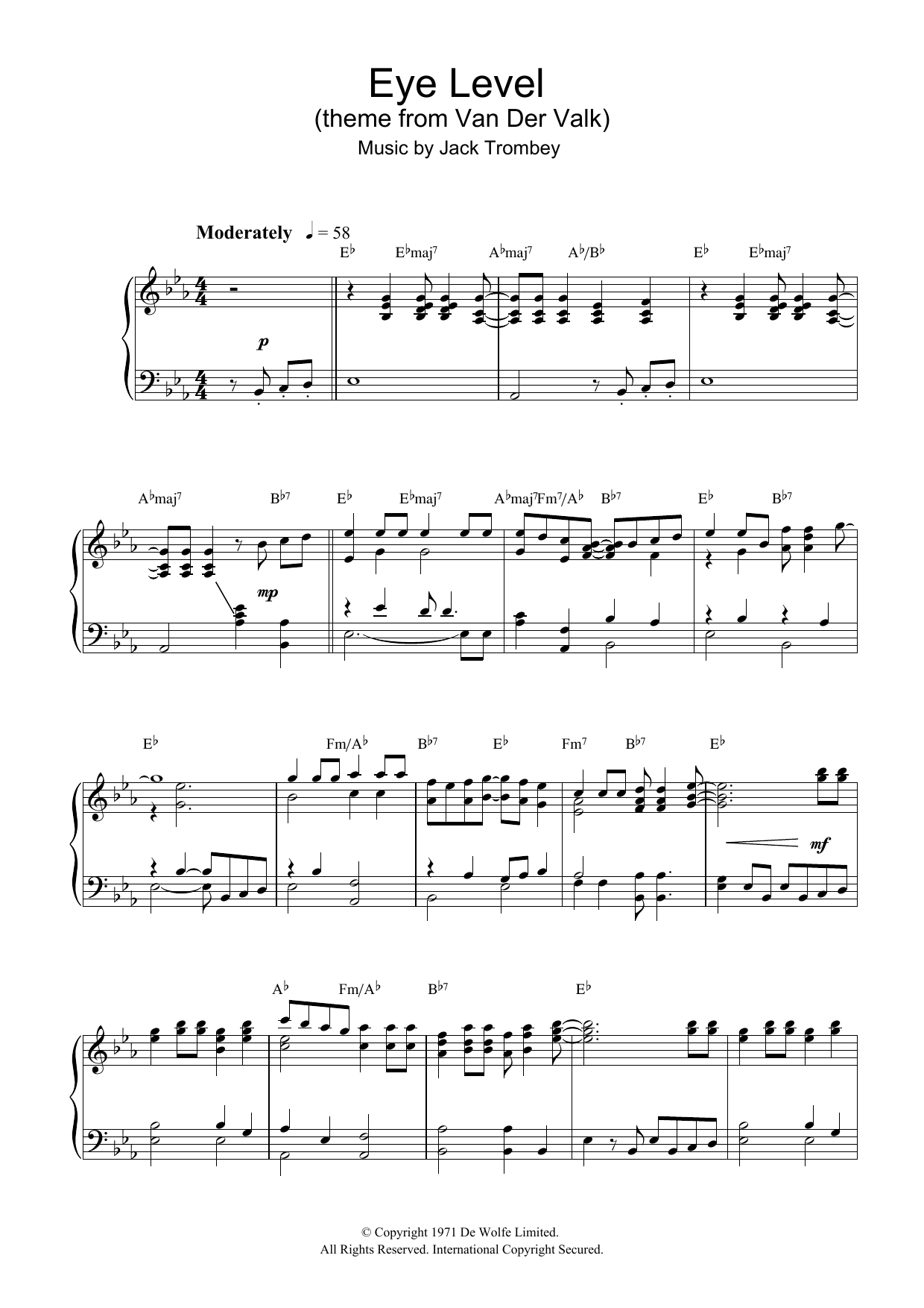 Jack Trombey Eye Level (theme from Van Der Valk) Sheet Music Notes & Chords for Piano - Download or Print PDF