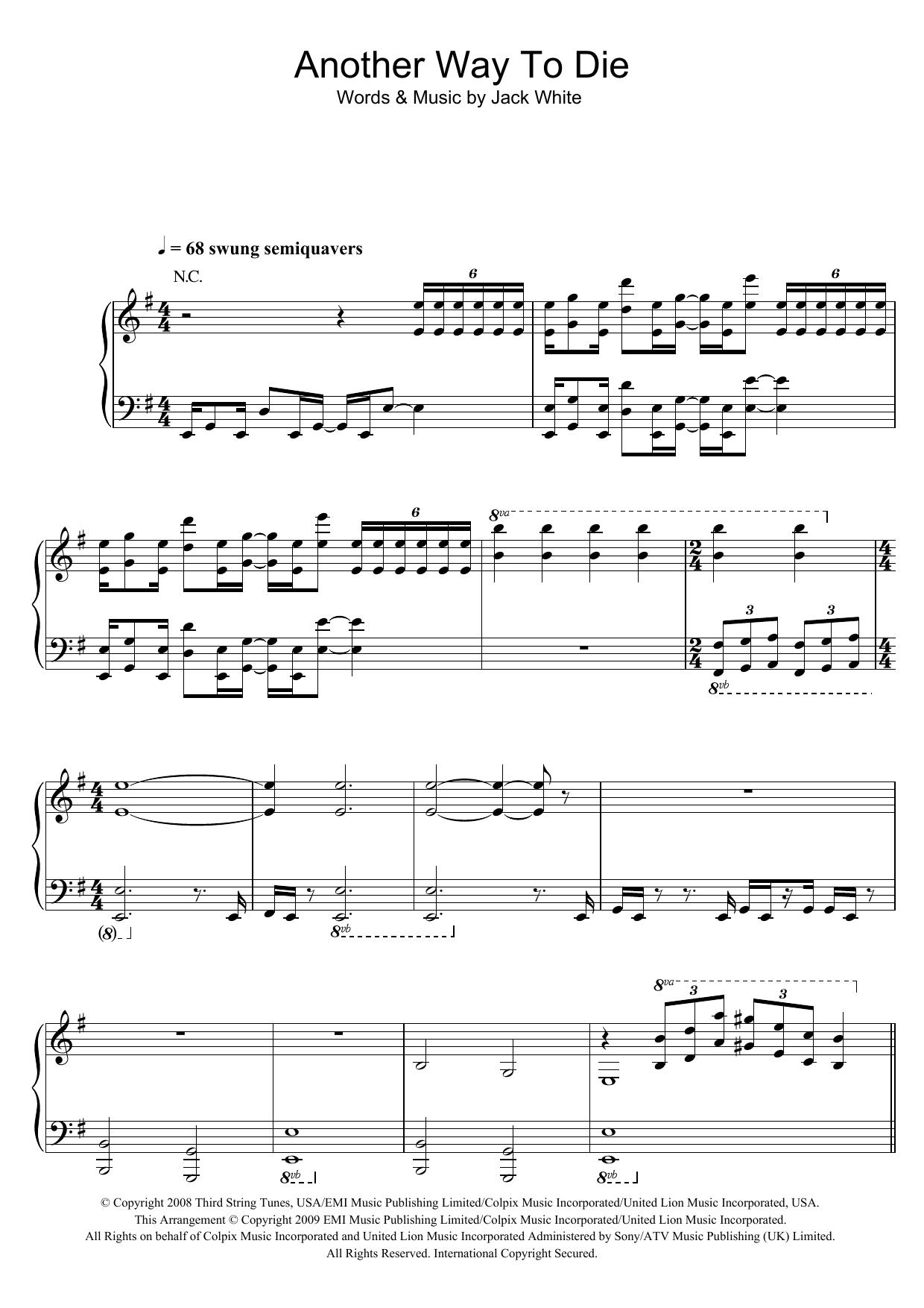 Jack White & Alicia Keys Another Way To Die (from James Bond: Quantum Of Solace) Sheet Music Notes & Chords for Piano, Vocal & Guitar (Right-Hand Melody) - Download or Print PDF