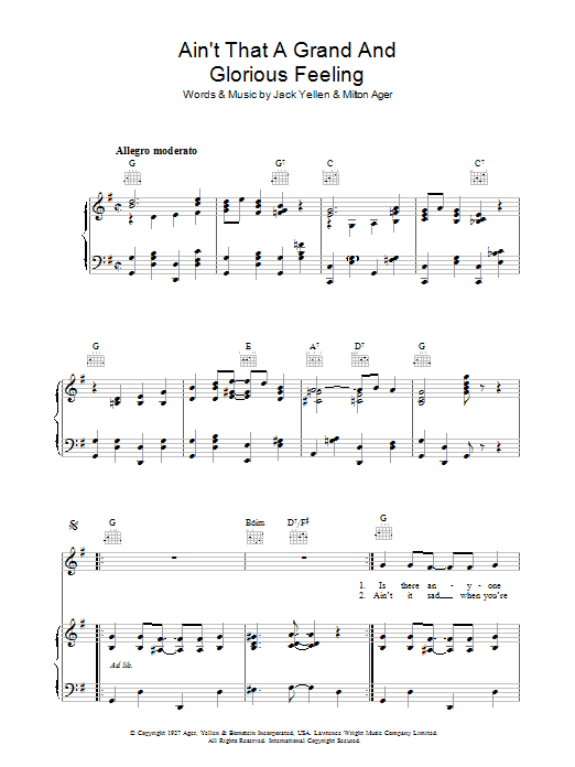 Jack Yellen Ain't That A Grand And Glorious Feeling Sheet Music Notes & Chords for Piano, Vocal & Guitar (Right-Hand Melody) - Download or Print PDF Jack Yellen Ain't That A Grand And Glorious Feeling Sheet Music Notes & Chords for Piano, Vocal & Guitar (Right-Hand Melody) - Download or Print PDF