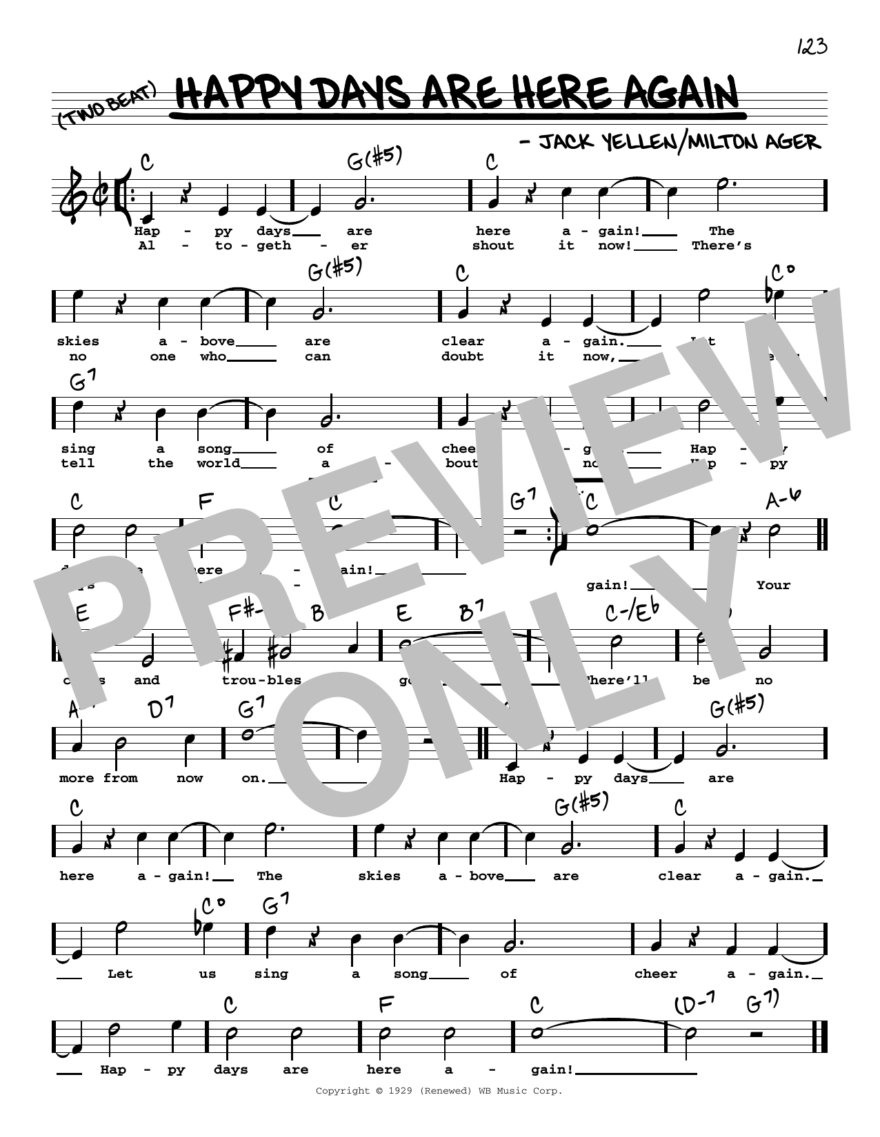 Jack Yellen and Milton Ager Happy Days Are Here Again (High Voice) (from Chasing Rainbows) Sheet Music Notes & Chords for Real Book – Melody, Lyrics & Chords - Download or Print PDF