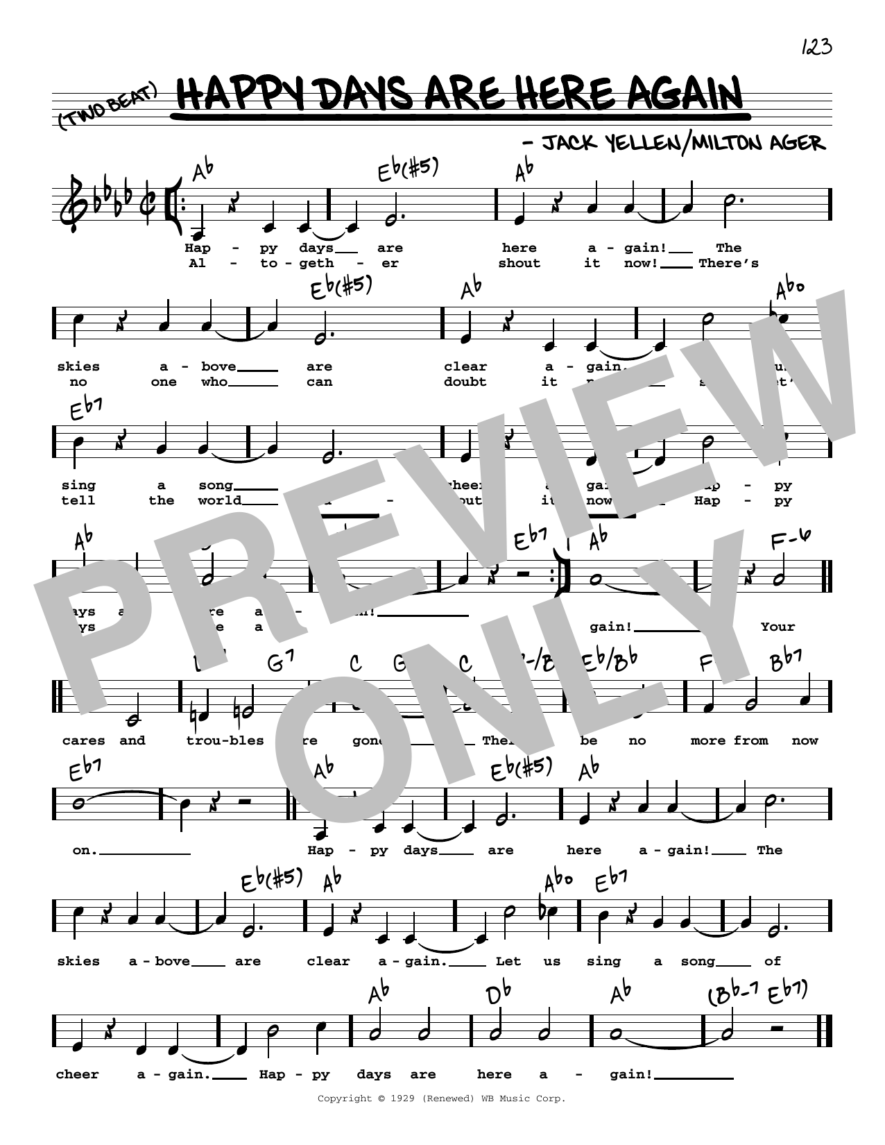 Jack Yellen and Milton Ager Happy Days Are Here Again (Low Voice) Sheet Music Notes & Chords for Real Book – Melody, Lyrics & Chords - Download or Print PDF