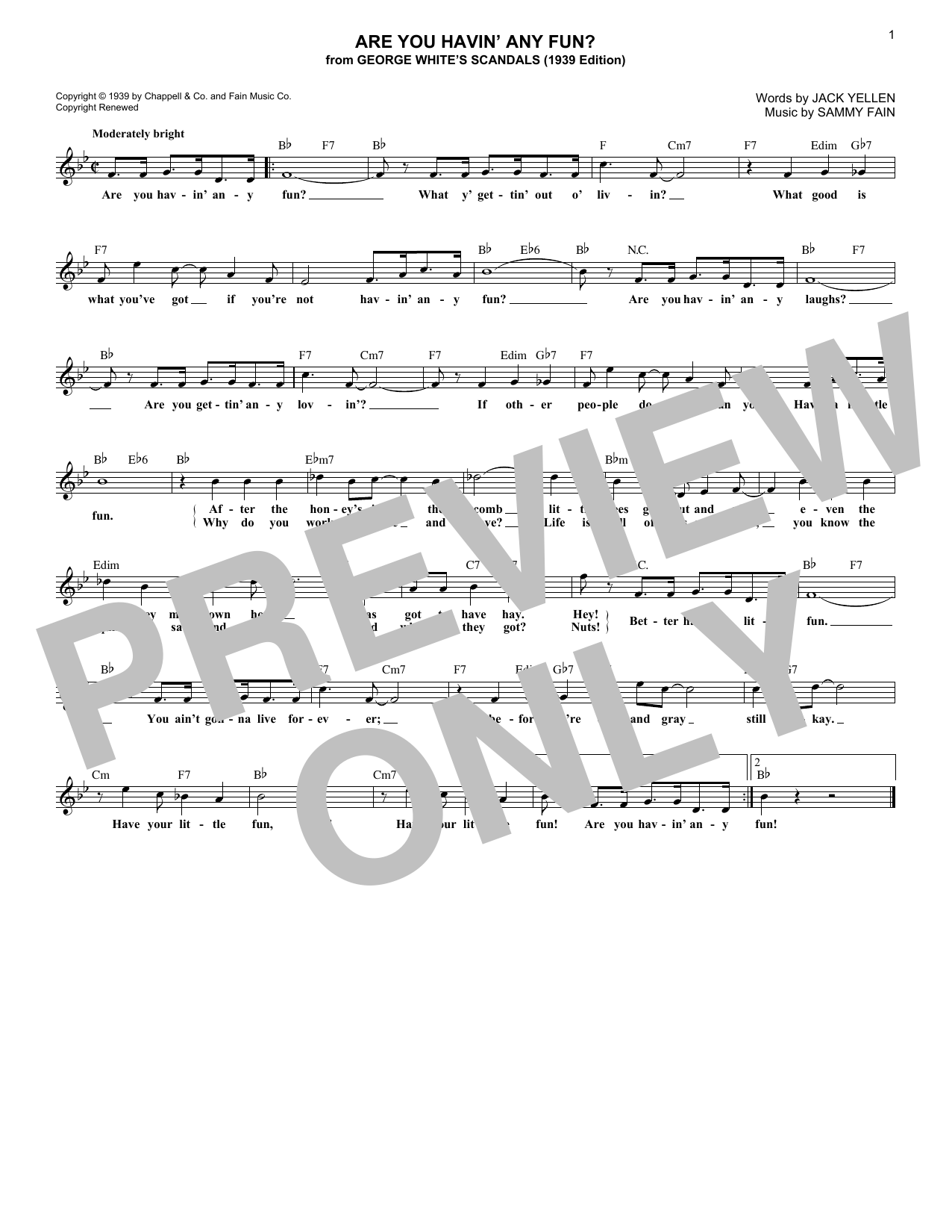 Jack Yellen Are You Havin' Any Fun? Sheet Music Notes & Chords for Melody Line, Lyrics & Chords - Download or Print PDF