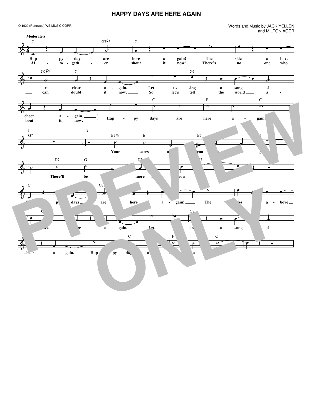 Jack Yellen Happy Days Are Here Again Sheet Music Notes & Chords for Melody Line, Lyrics & Chords - Download or Print PDF