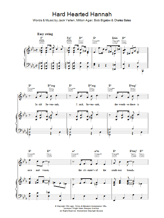 Bob Bigelow Hard Hearted Hannah Sheet Music Notes & Chords for Piano, Vocal & Guitar (Right-Hand Melody) - Download or Print PDF