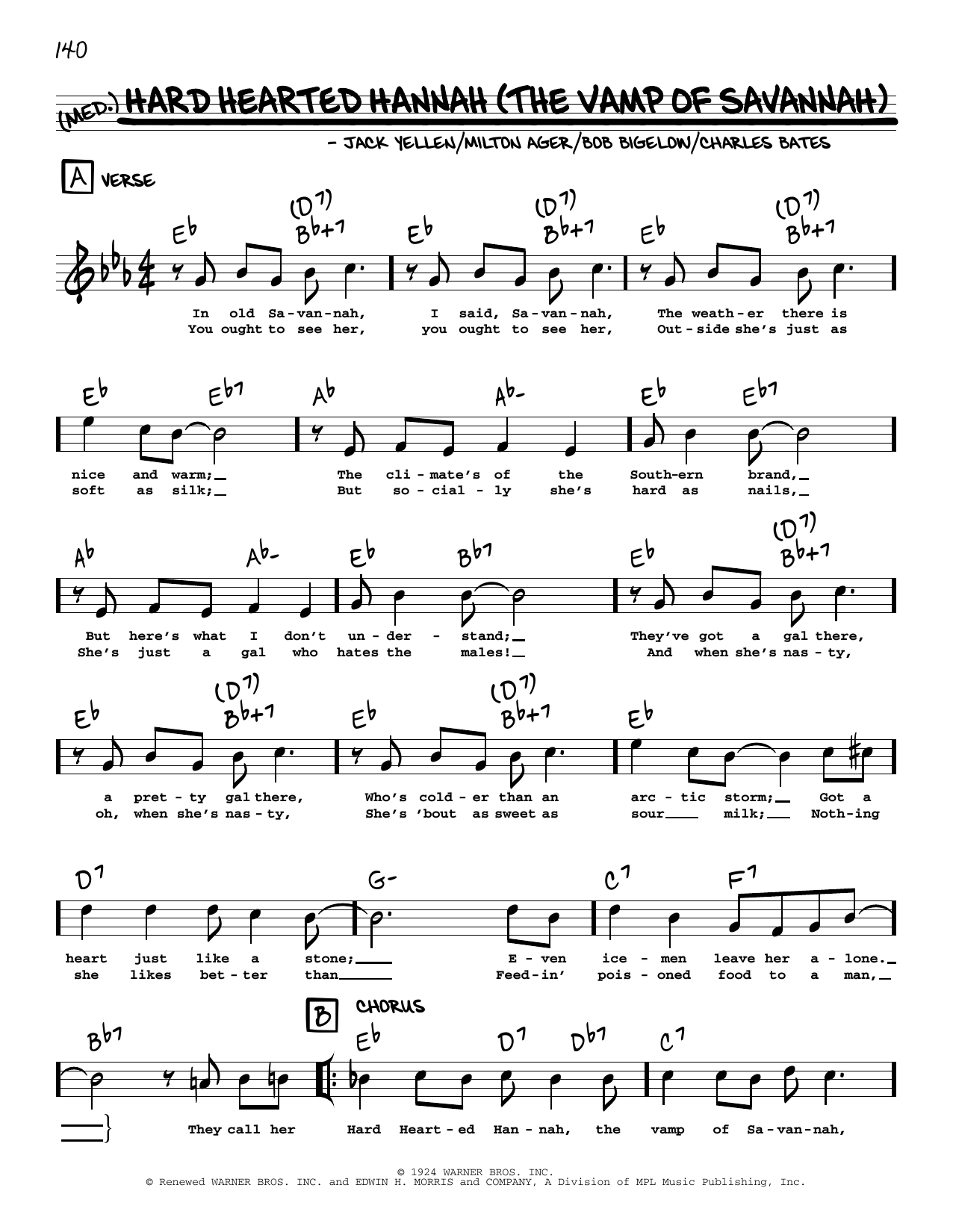 Jack Yellen Hard Hearted Hannah (The Vamp Of Savannah) (arr. Robert Rawlins) Sheet Music Notes & Chords for Real Book – Melody, Lyrics & Chords - Download or Print PDF