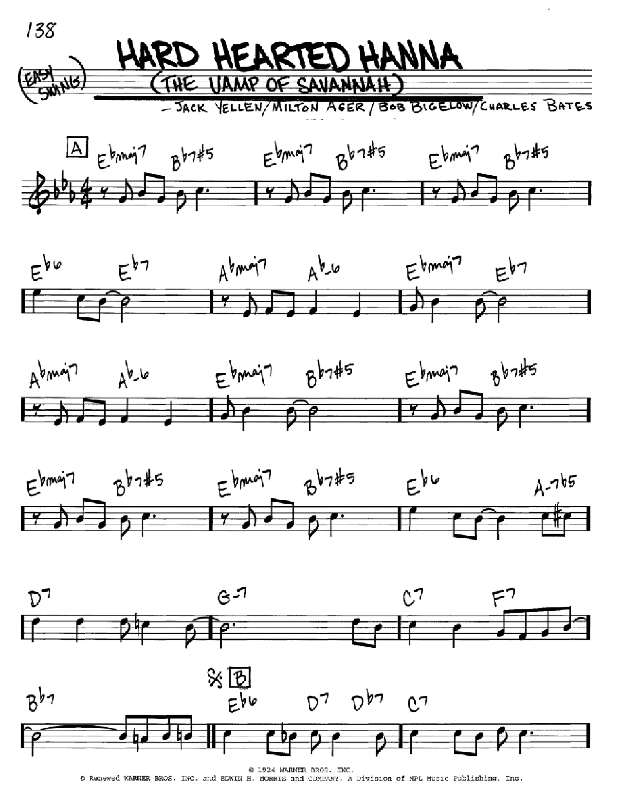 Jack Yellen Hard Hearted Hannah (The Vamp Of Savannah) Sheet Music Notes & Chords for Real Book – Melody & Chords - Download or Print PDF