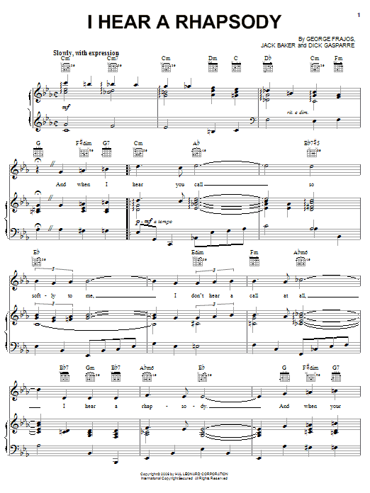 Preview Jack Baker I Hear A Rhapsody Jazz sheet music, notes and chords for Piano, SKU: 152656 sheet music, piano notes, chords, guitar tabs, score, transpose, transcribe, how to play, guide, download, learn, tutorial, progression, song, artist, awards, billboard, mtv, vh1, tour, single, album, release
