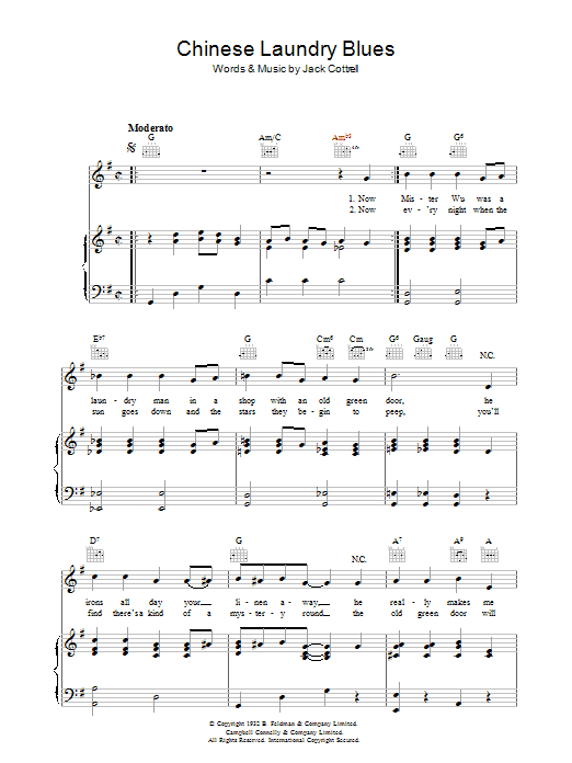 Preview Jack Cottrell Chinese Laundry Blues Pop sheet music, notes and chords for Piano, Vocal & Guitar (Right-Hand Melody), SKU: 37384 Chinese Laundry Blues sheet music