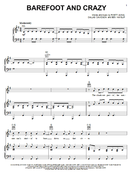 Preview Jack Ingram Barefoot And Crazy Pop sheet music, notes and chords for Piano, Vocal & Guitar (Right-Hand Melody), SKU: 71727 Barefoot And Crazy sheet music