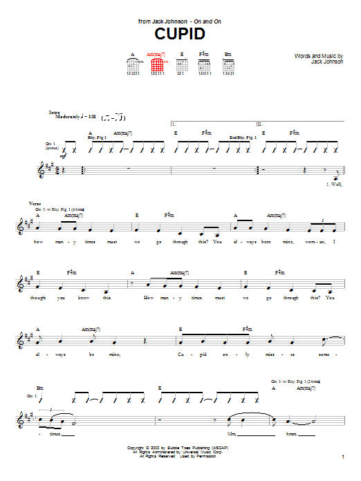 Preview Jack Johnson Cupid Pop sheet music, notes and chords for Guitar Tab, SKU: 26109 Cupid sheet music