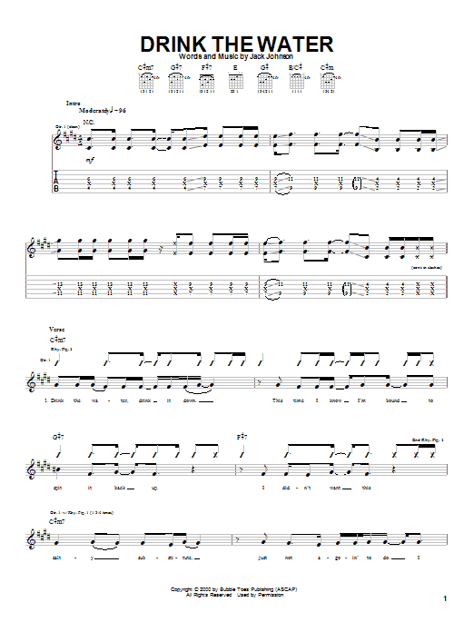 Preview Jack Johnson Drink The Water Rock sheet music, notes and chords for Guitar Tab, SKU: 22404 Drink The Water sheet music