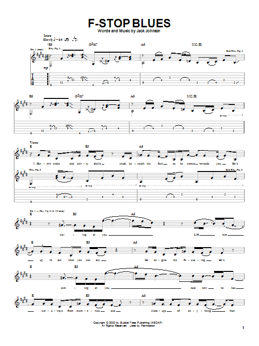 Preview Jack Johnson F-Stop Blues Rock sheet music, notes and chords for Easy Piano, SKU: 70262 F-Stop Blues sheet music