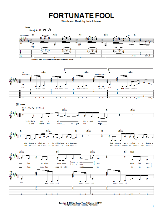 Preview Jack Johnson Fortunate Fool Rock sheet music, notes and chords for Easy Piano, SKU: 70260 Fortunate Fool sheet music