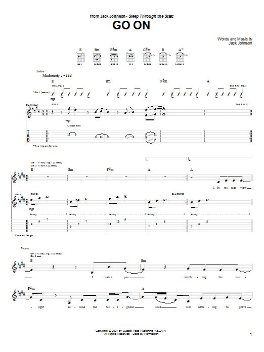 Preview Jack Johnson Go On Rock sheet music, notes and chords for Piano, Vocal & Guitar (Right-Hand Melody), SKU: 64386 Go On sheet music