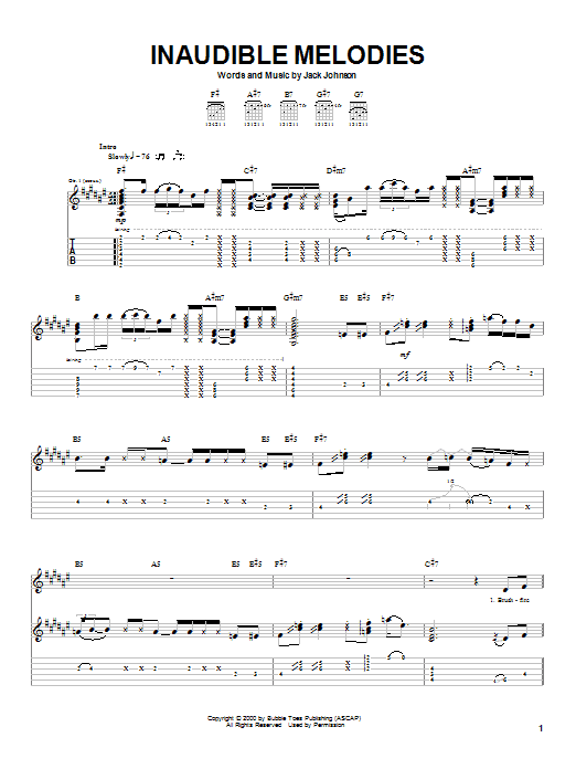 Preview Jack Johnson Inaudible Melodies Pop sheet music, notes and chords for Easy Piano, SKU: 70259 Inaudible Melodies sheet music