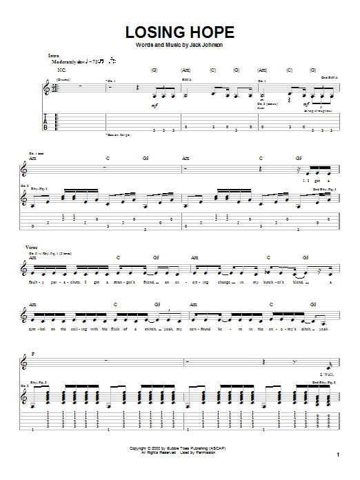 Preview Jack Johnson Losing Hope Rock sheet music, notes and chords for Guitar Tab, SKU: 22410 Losing Hope sheet music
