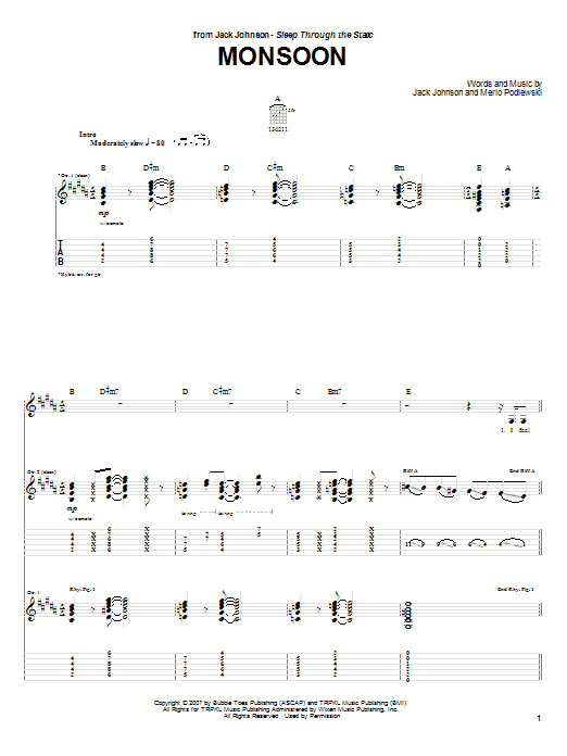 Preview Jack Johnson Monsoon Rock sheet music, notes and chords for Guitar Tab, SKU: 64155 Monsoon sheet music