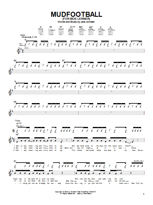 Preview Jack Johnson Mudfootball (For Moe Lerner) Rock sheet music, notes and chords for Guitar Tab, SKU: 22412 Mudfootball (For Moe Lerner) sheet music