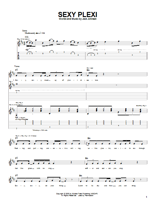 Preview Jack Johnson Sexy Plexi Rock sheet music, notes and chords for Guitar Tab, SKU: 22414 Sexy Plexi sheet music