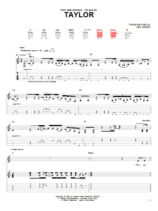 Preview Jack Johnson Taylor Rock sheet music, notes and chords for Guitar Tab, SKU: 26117 Taylor sheet music
