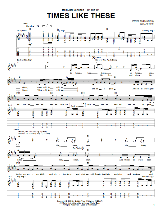 Preview Jack Johnson Times Like These Pop sheet music, notes and chords for Guitar Tab, SKU: 26119 Times Like These sheet music