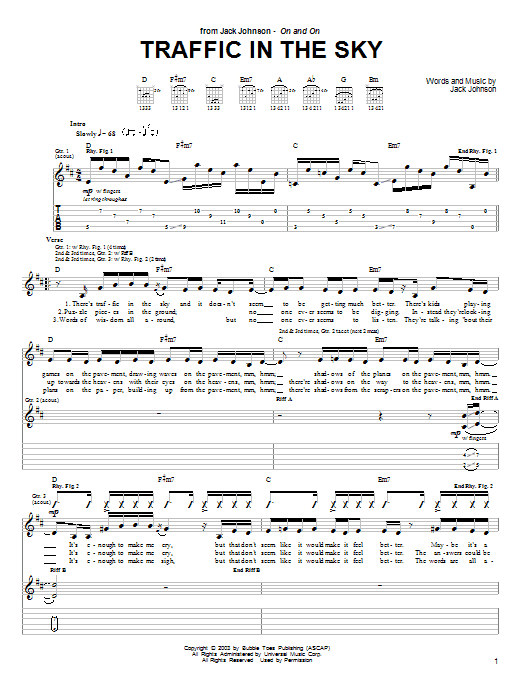 Preview Jack Johnson Traffic In The Sky Rock sheet music, notes and chords for Guitar Tab, SKU: 26121 Traffic In The Sky sheet music