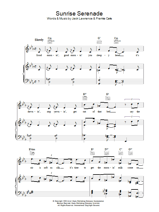 Preview Jack Lawrence Sunrise Serenade Pop sheet music, notes and chords for Piano, Vocal & Guitar (Right-Hand Melody), SKU: 37027 Sunrise Serenade sheet music