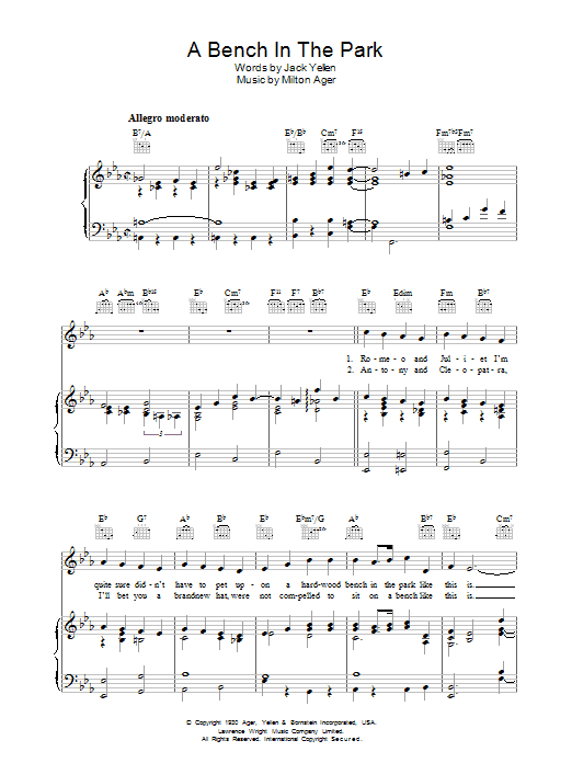 Preview Jack Yellen A Bench In The Park Pop sheet music, notes and chords for Piano, Vocal & Guitar (Right-Hand Melody), SKU: 37341 A Bench In The Park sheet music