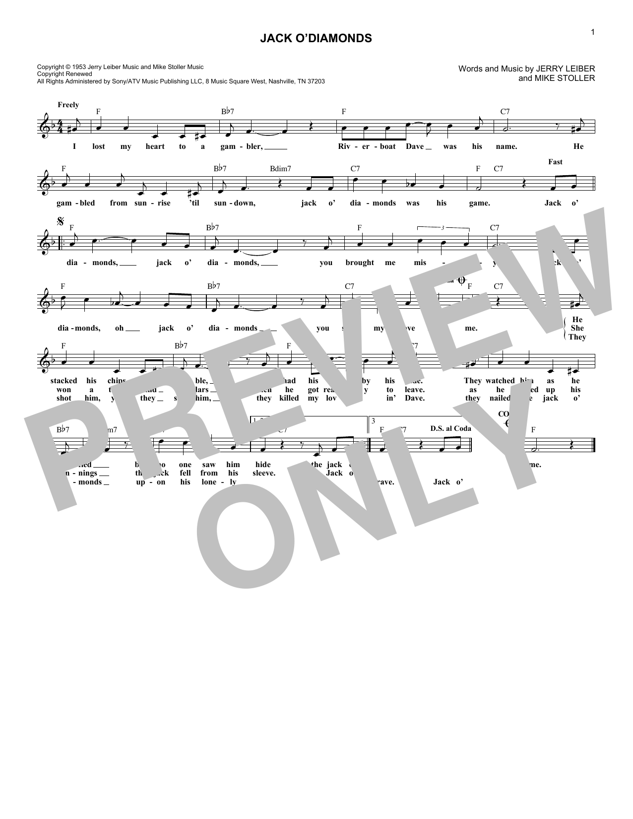 Jacki Fontaine Jack O'Diamonds Sheet Music Notes & Chords for Melody Line, Lyrics & Chords - Download or Print PDF