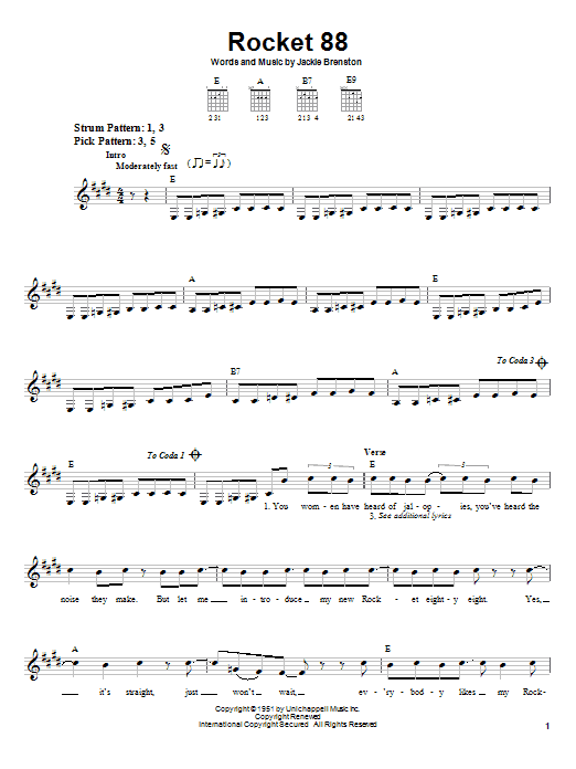 Jackie Brenston Rocket 88 Sheet Music Notes & Chords for Easy Guitar Tab - Download or Print PDF