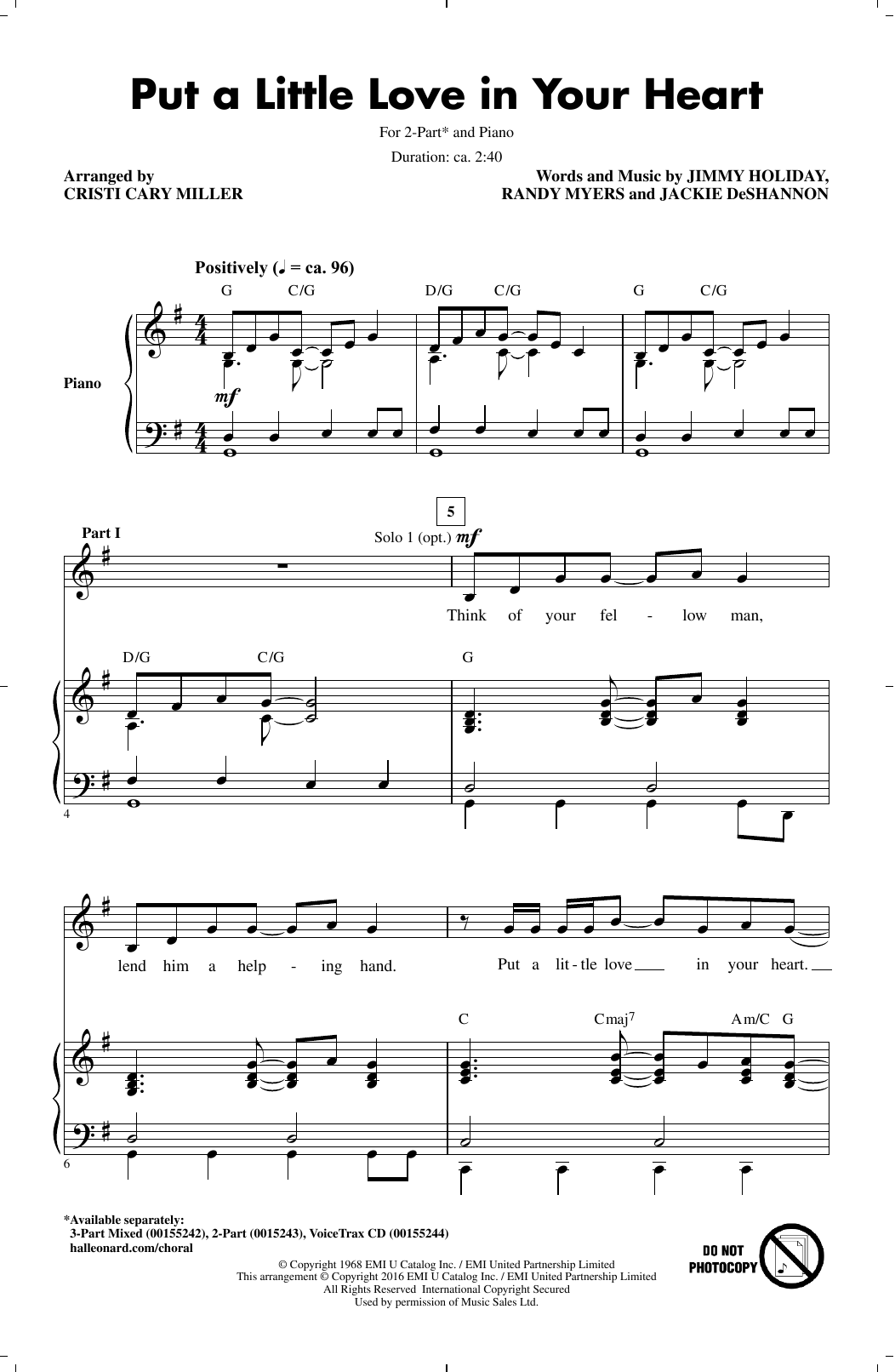 Jackie DeShannon Put A Little Love In Your Heart (arr. Cristi Cary Miller) Sheet Music Notes & Chords for 2-Part Choir - Download or Print PDF