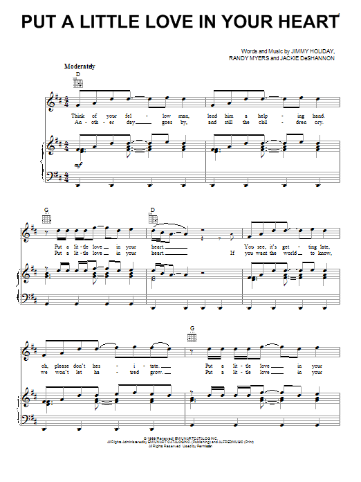 Jackie DeShannon Put A Little Love In Your Heart Sheet Music Notes & Chords for Piano, Vocal & Guitar (Right-Hand Melody) - Download or Print PDF