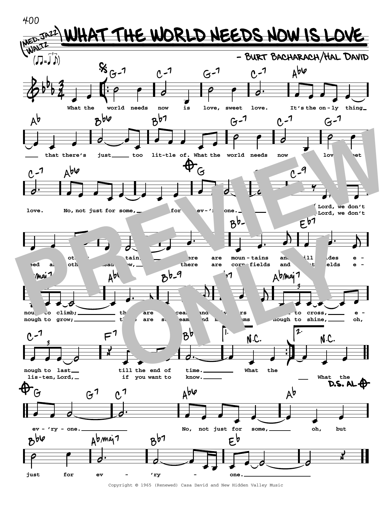 Jackie DeShannon What The World Needs Now Is Love (Low Voice) Sheet Music Notes & Chords for Real Book – Melody, Lyrics & Chords - Download or Print PDF