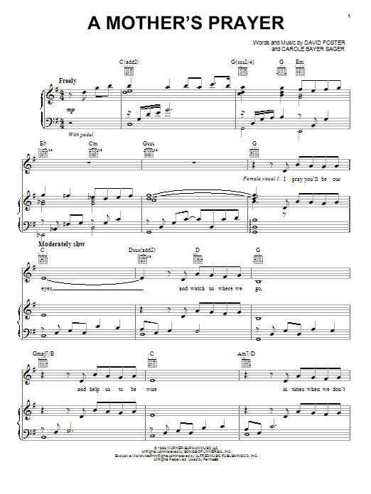 Jackie Evancho A Mother's Prayer Sheet Music Notes & Chords for Piano, Vocal & Guitar (Right-Hand Melody) - Download or Print PDF