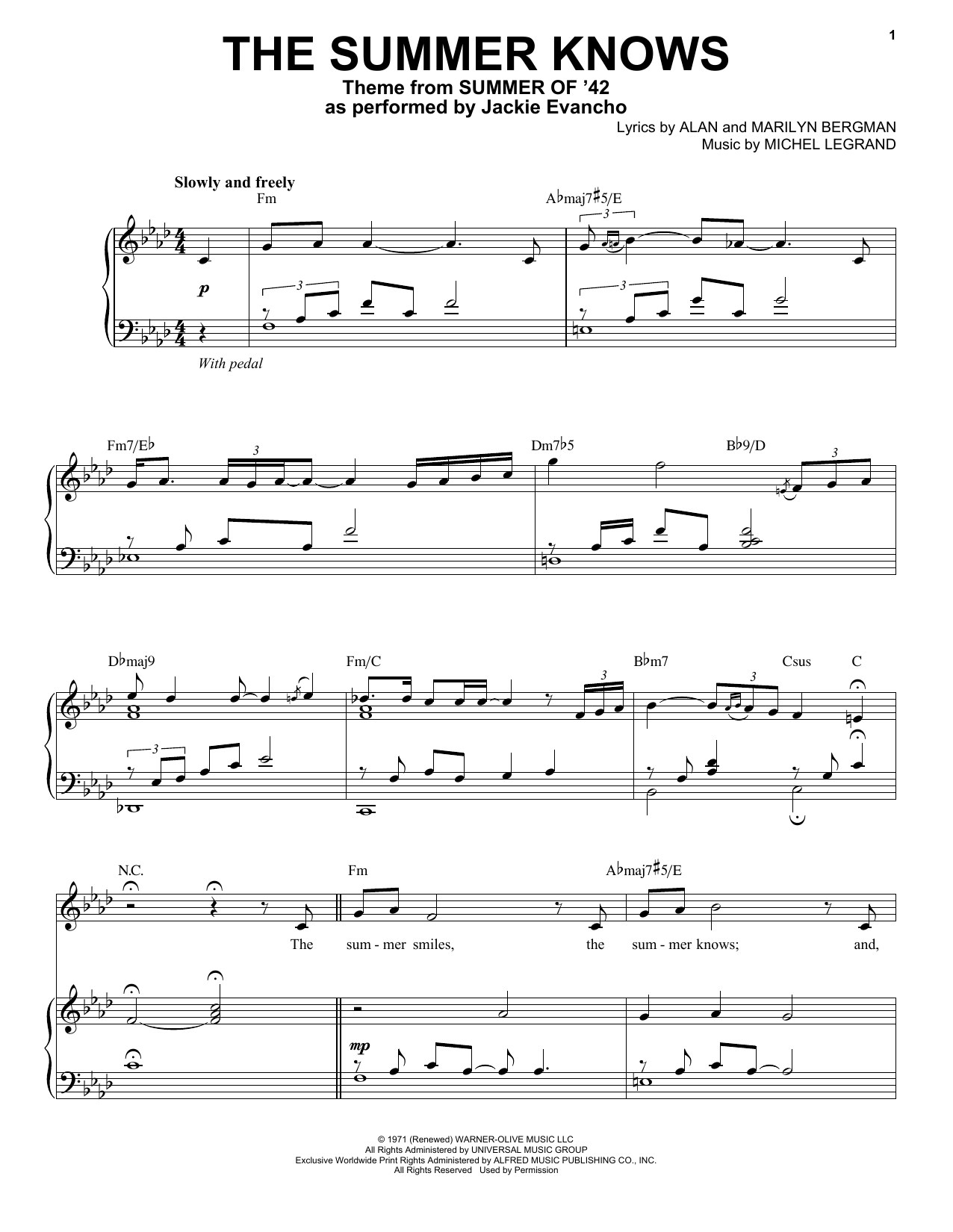 Jackie Evancho and Chris Botti The Summer Knows (Theme from Summer Of '42) Sheet Music Notes & Chords for Piano & Vocal - Download or Print PDF
