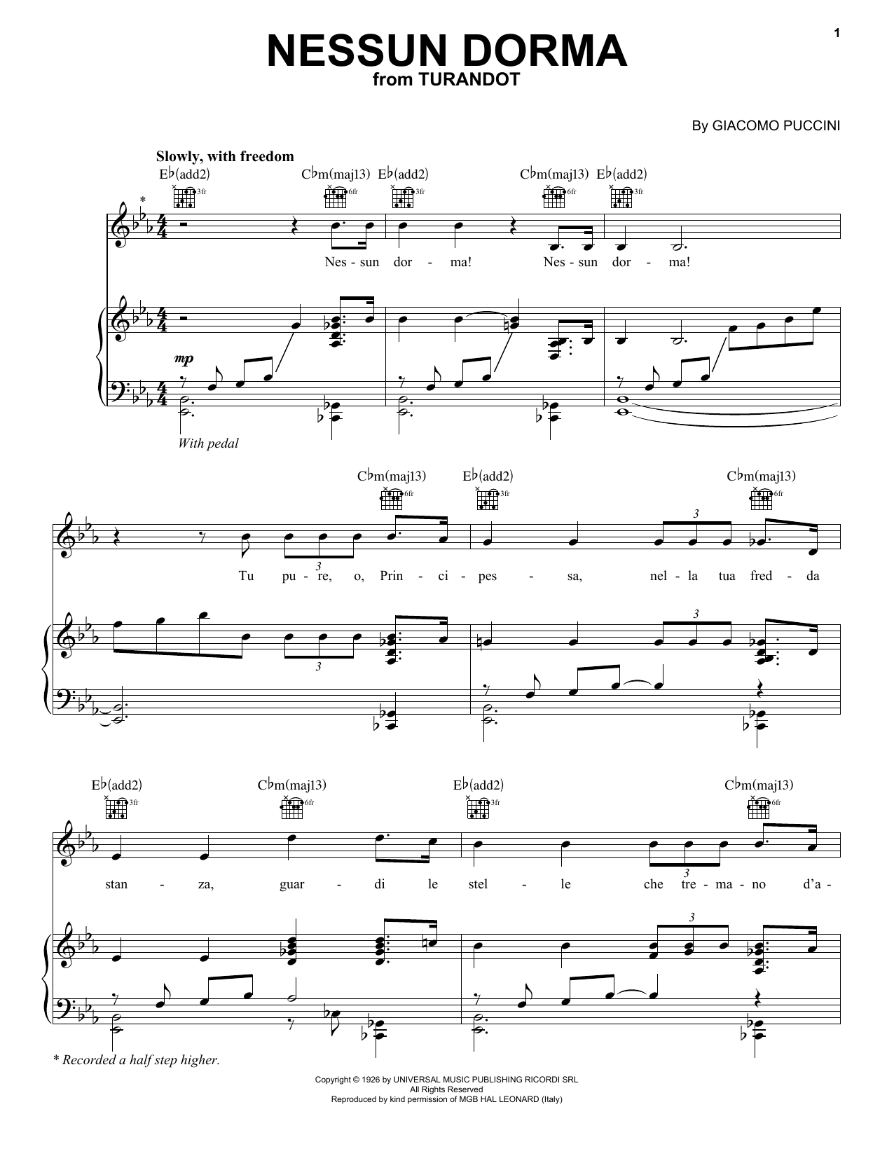 Jackie Evancho Nessun Dorma Sheet Music Notes & Chords for Piano, Vocal & Guitar Chords (Right-Hand Melody) - Download or Print PDF