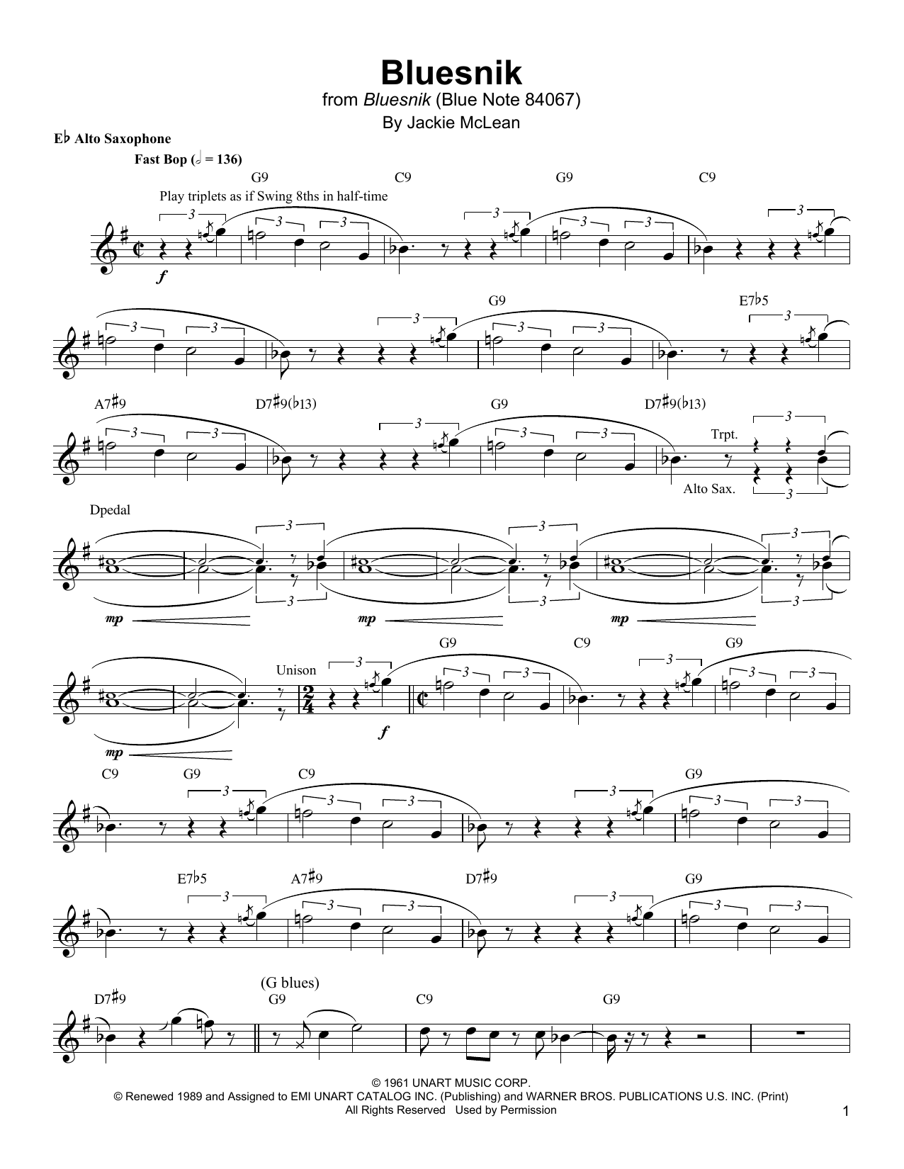 Jackie McLean Bluesnik Sheet Music Notes & Chords for Alto Sax Transcription - Download or Print PDF