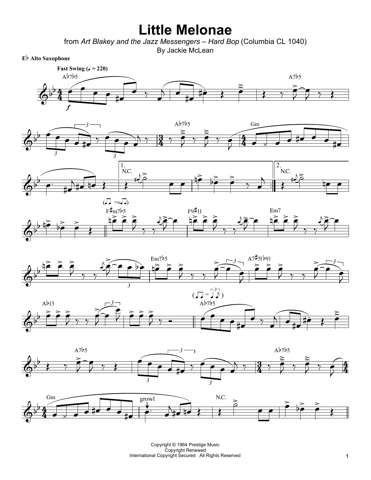 Jackie McLean Little Melonae Sheet Music Notes & Chords for Alto Sax Transcription - Download or Print PDF