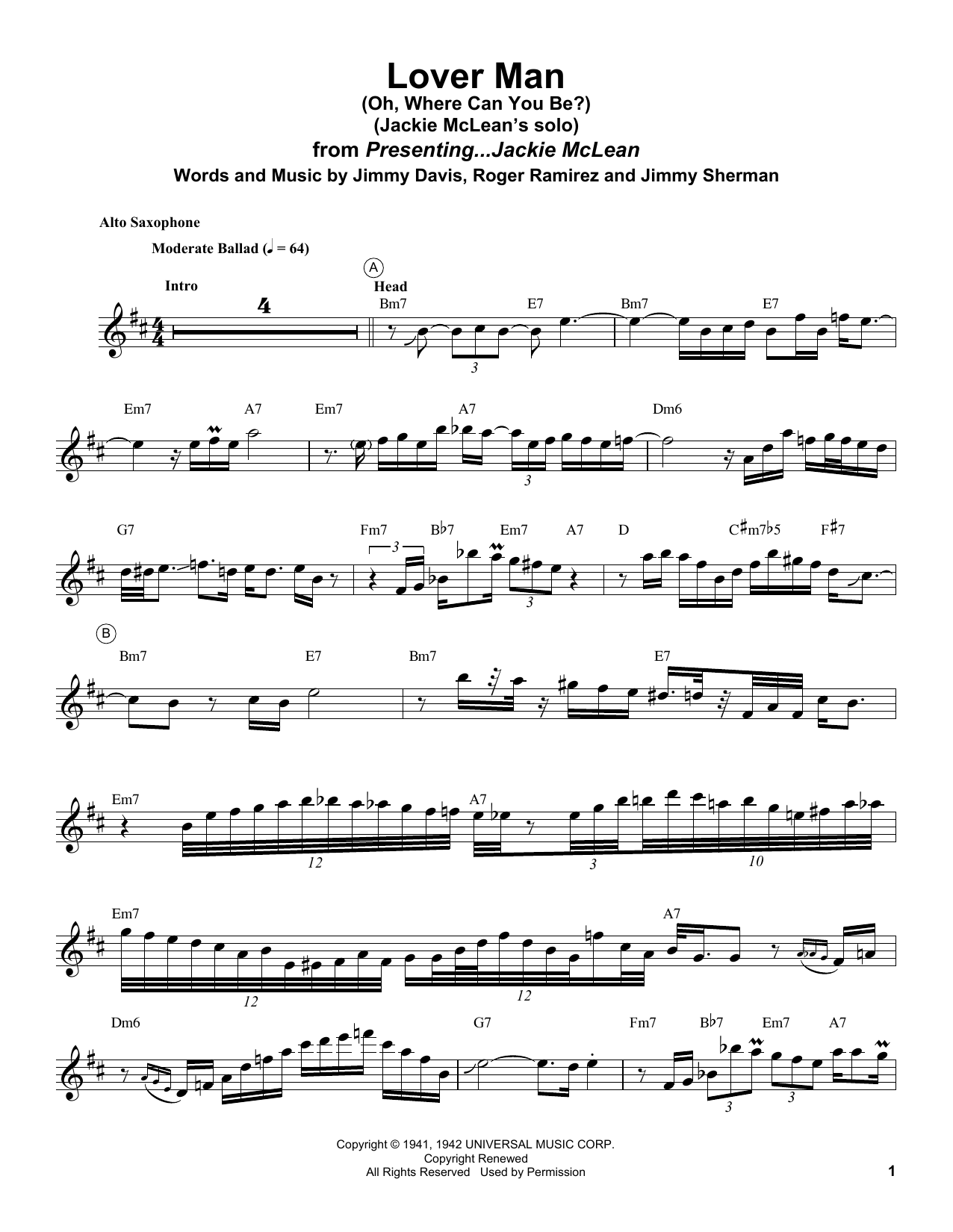 Jackie McLean Lover Man (Oh, Where Can You Be?) Sheet Music Notes & Chords for Alto Sax Transcription - Download or Print PDF