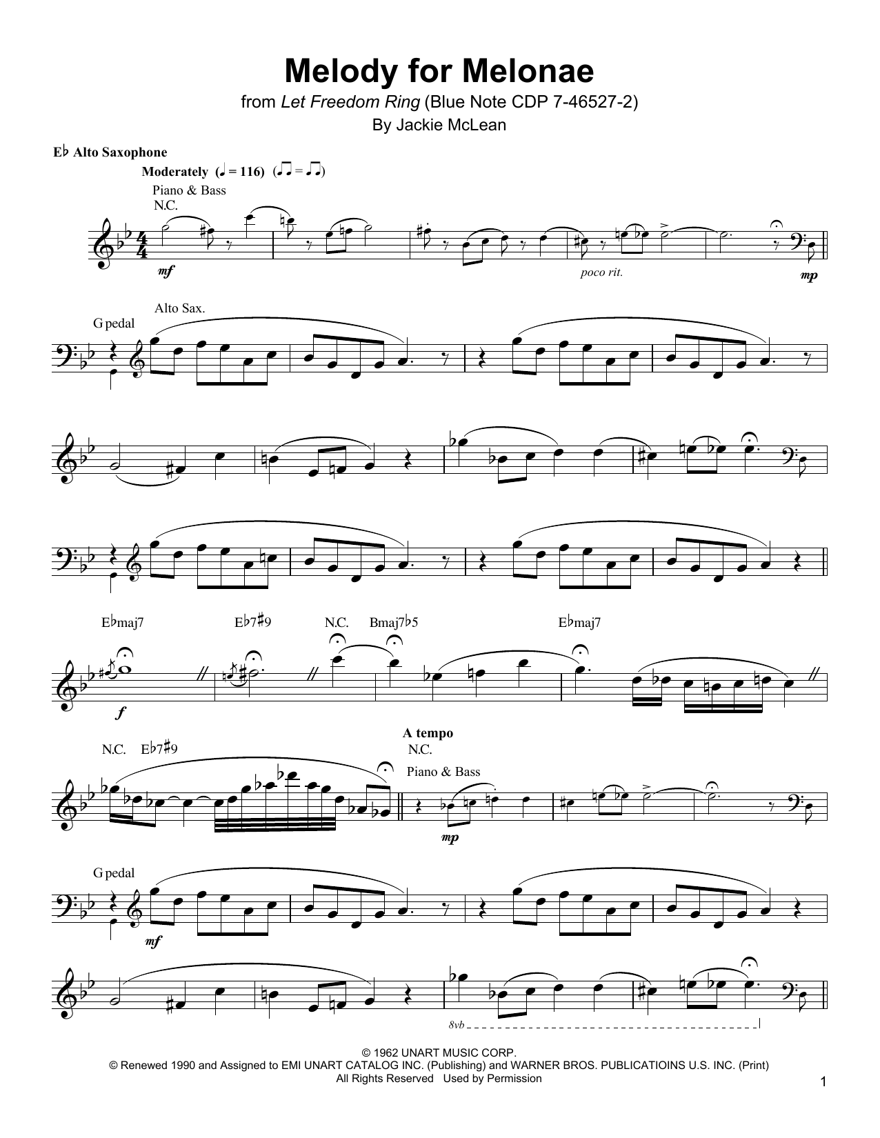Jackie McLean Melody For Melonae Sheet Music Notes & Chords for Real Book – Melody & Chords - Download or Print PDF