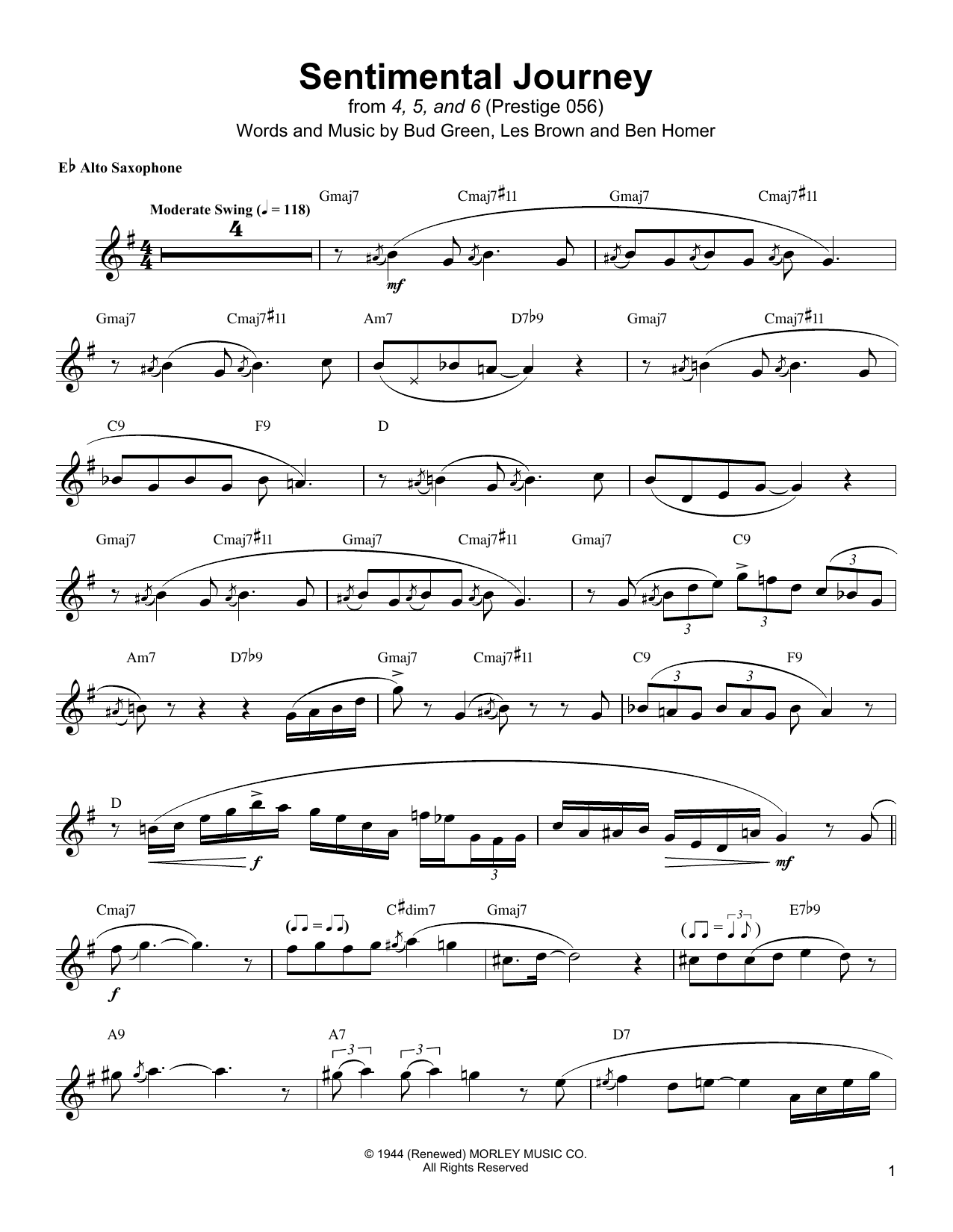 Jackie McLean Sentimental Journey Sheet Music Notes & Chords for Alto Sax Transcription - Download or Print PDF