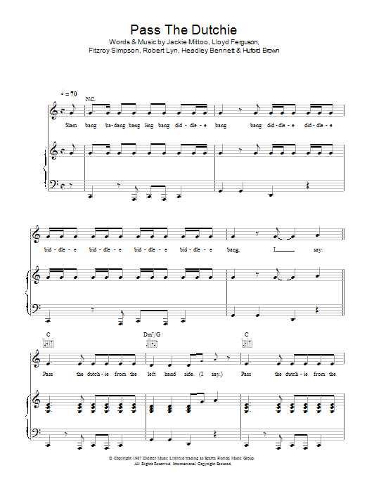 Jackie Mittoo Pass The Dutchie Sheet Music Notes & Chords for Piano, Vocal & Guitar (Right-Hand Melody) - Download or Print PDF