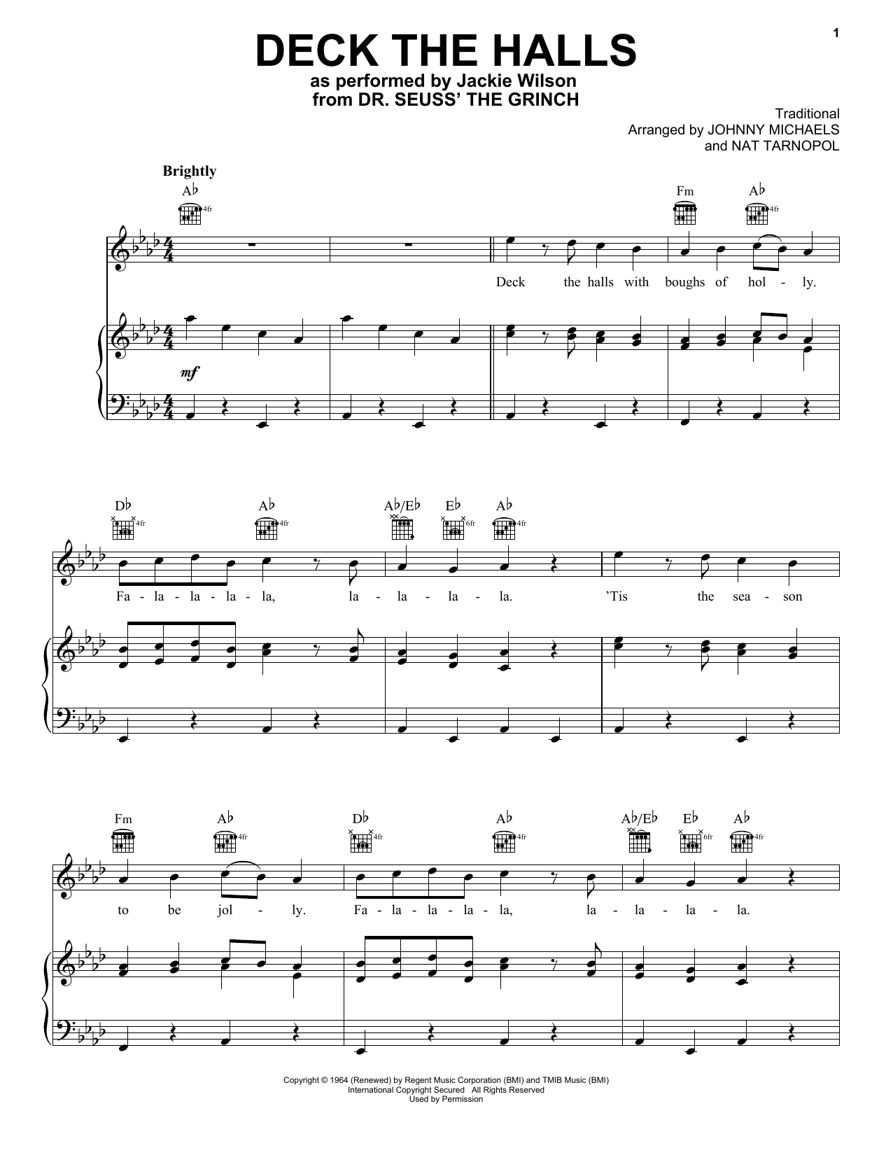 Jackie Wilson Deck The Hall (from The Grinch) Sheet Music Notes & Chords for Piano, Vocal & Guitar (Right-Hand Melody) - Download or Print PDF