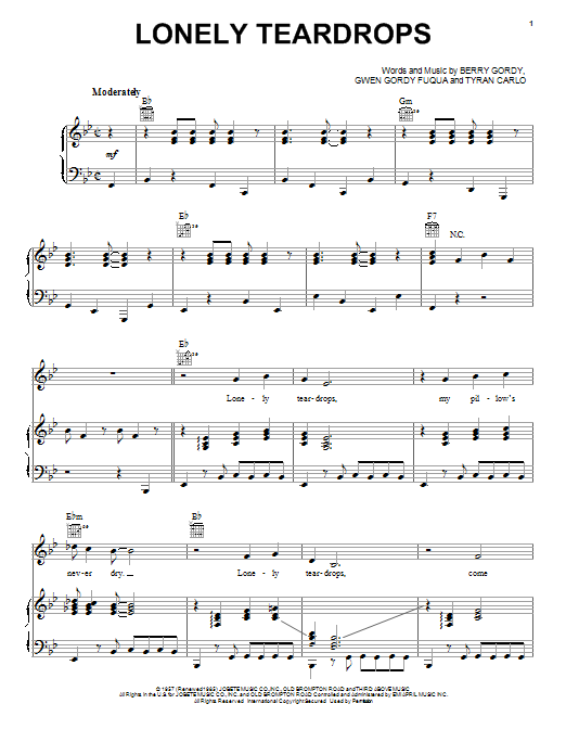 Jackie Wilson Lonely Teardrops Sheet Music Notes & Chords for Piano, Vocal & Guitar (Right-Hand Melody) - Download or Print PDF