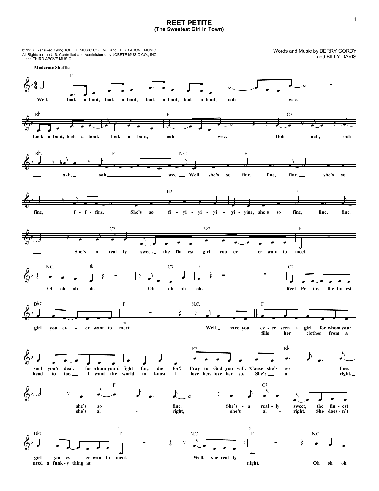 Jackie Wilson Reet Petite (The Sweetest Girl In Town) Sheet Music Notes & Chords for Melody Line, Lyrics & Chords - Download or Print PDF