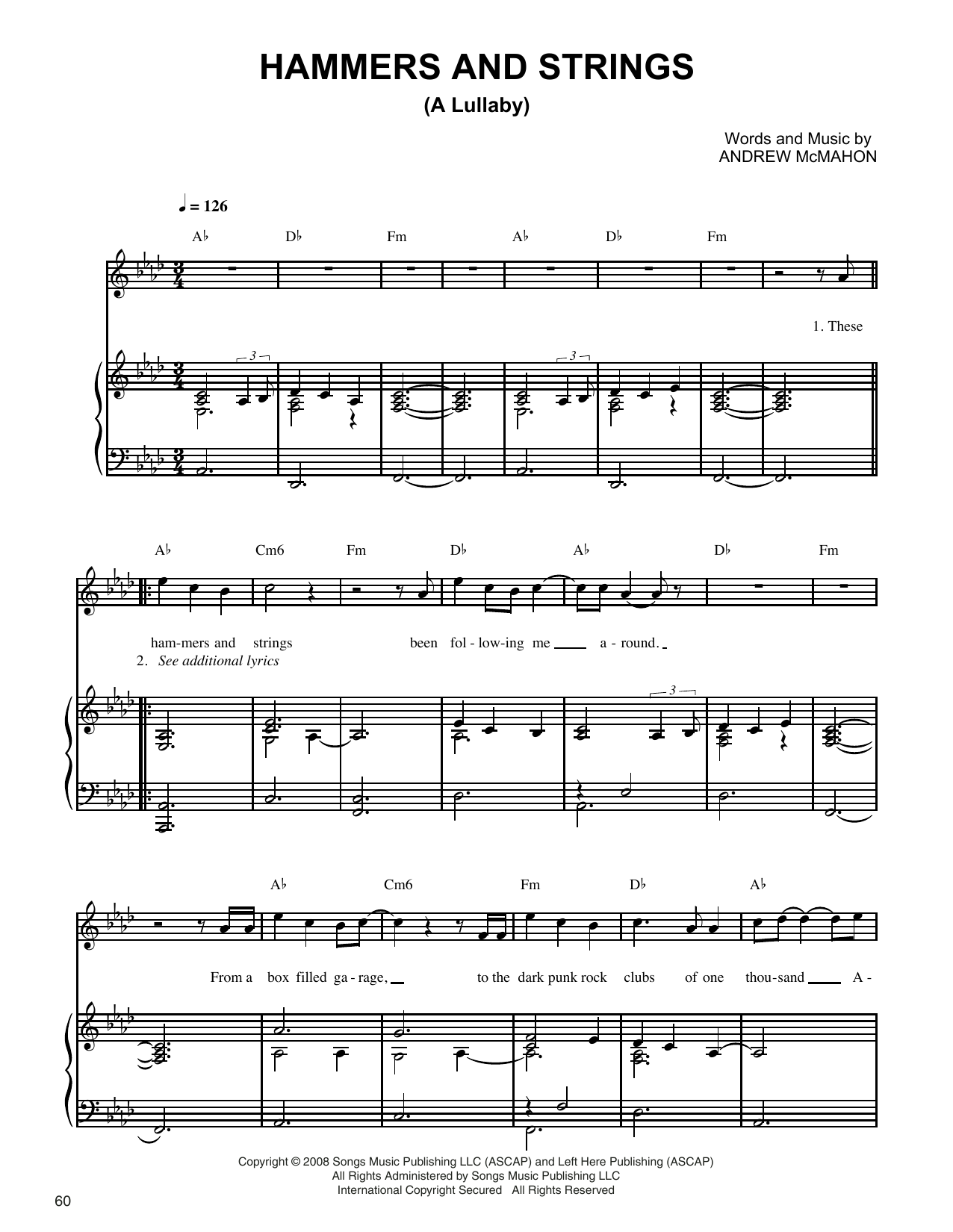 Jack's Mannequin Hammers And Strings (A Lullaby) Sheet Music Notes & Chords for Piano, Vocal & Guitar (Right-Hand Melody) - Download or Print PDF