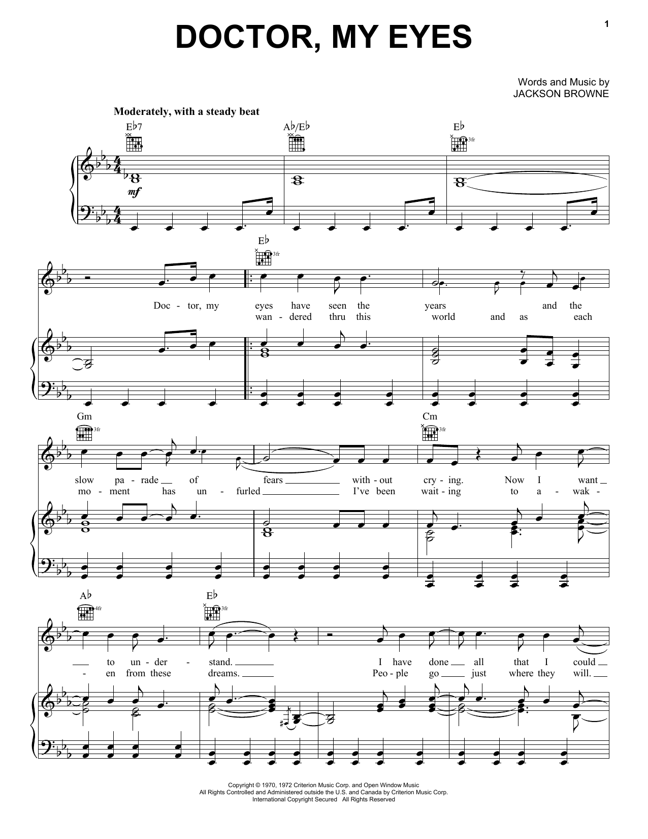 Jackson Browne Doctor, My Eyes Sheet Music Notes & Chords for Piano, Vocal & Guitar (Right-Hand Melody) - Download or Print PDF